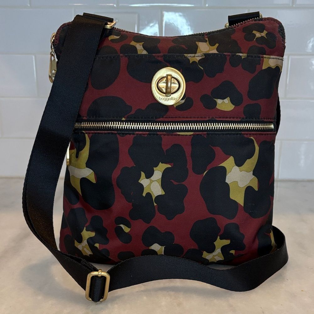 Baggallini Hanover Crossbody Bag in Scarlet Cheetah Print RFID Nylon Travel